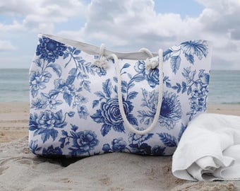 Oversized Weekender Bag: Chinoiserie Blue Floral Beach Tote