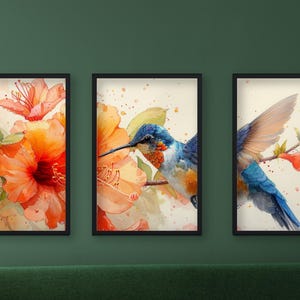 Ruby-throated Hummingbird Watercolor Triptych | Instant Download | 24x36 Digital Wall Art Set | Colorful Nature Printable Art | Spring Art