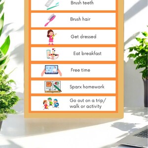 May include: A colourful chart outlining a daily routine for a child. The chart lists activities such as brushing teeth, getting dressed, eating breakfast, free time, homework, and going on a trip or walk. The chart is titled "Lily's Half Term Morning Routine".