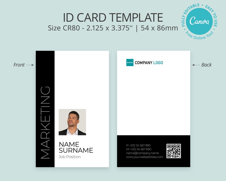 Editable Photo ID Card Template Printable ID Badge Canva - Etsy