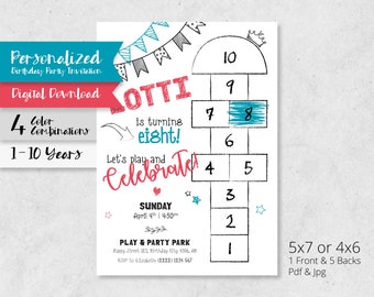 Personalised 1 to 10 Birthday Invitation, Kids Birthday Invite, Chalkboard Hopscotch Hand Drawn Style, Outdoor Party, Printable Digital