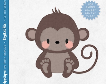 Pdf Appliqué Pattern - Scrap Fabrics Sewing - Raw Edge Fusible Quilt Appliqué Design - Free motion Sewing - Monkey - Letter/A4
