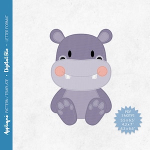 Pdf Appliqué Pattern - Scrap Fabrics Sewing - Raw Edge Fusible Quilt Appliqué Design - Freemotion Sewing - Hippo - Letter/A4