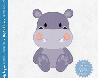 Pdf Appliqué Pattern - Scrap Fabrics Sewing - Raw Edge Fusible Quilt Appliqué Design - Freemotion Sewing - Hippo - Letter/A4