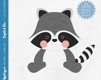 Pdf Appliqué Pattern - Scrap Fabrics Sewing - Raw Edge Fusible Quilt Appliqué Design - Freemotion Sewing - Raccoon - Letter/A4