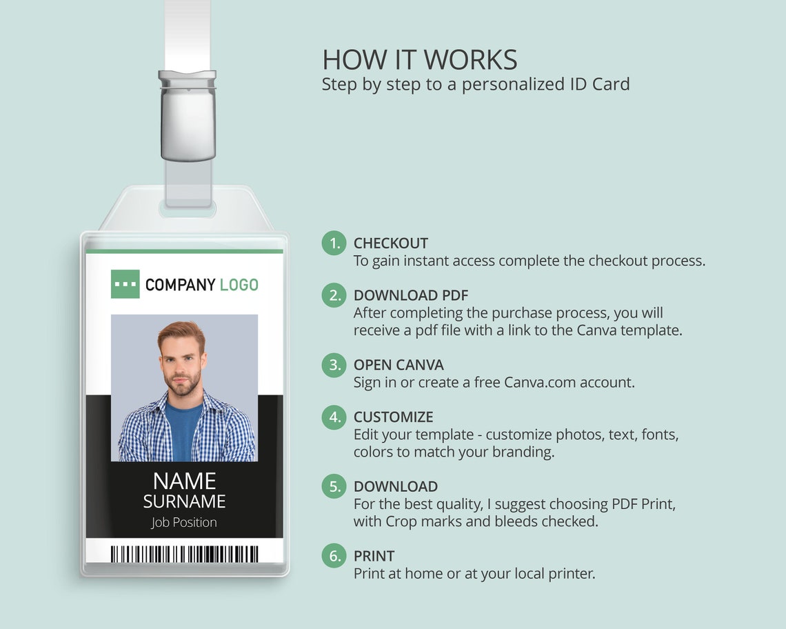 Editable Photo ID Card Template, Printable ID Badge, Canva Template