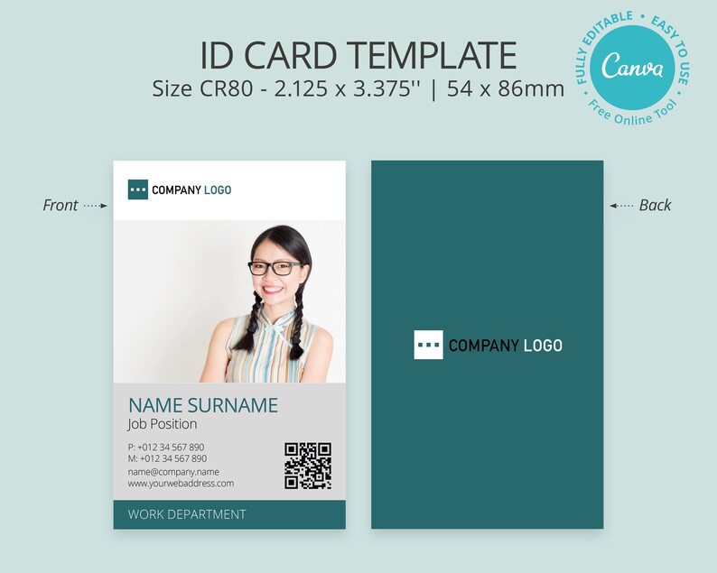 Editable Photo ID Card Template Printable ID Badge Canva Etsy España