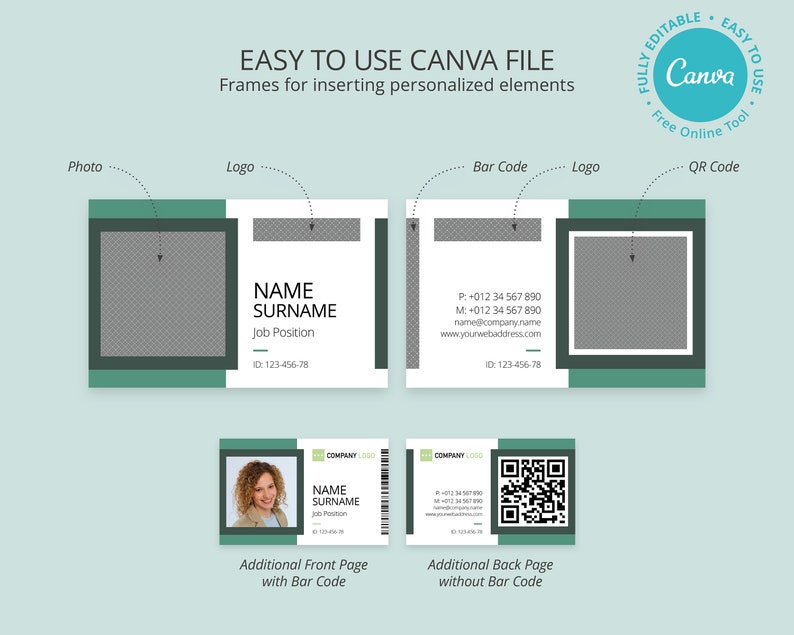 Editable Photo ID Card Template Printable ID Badge Canva Etsy