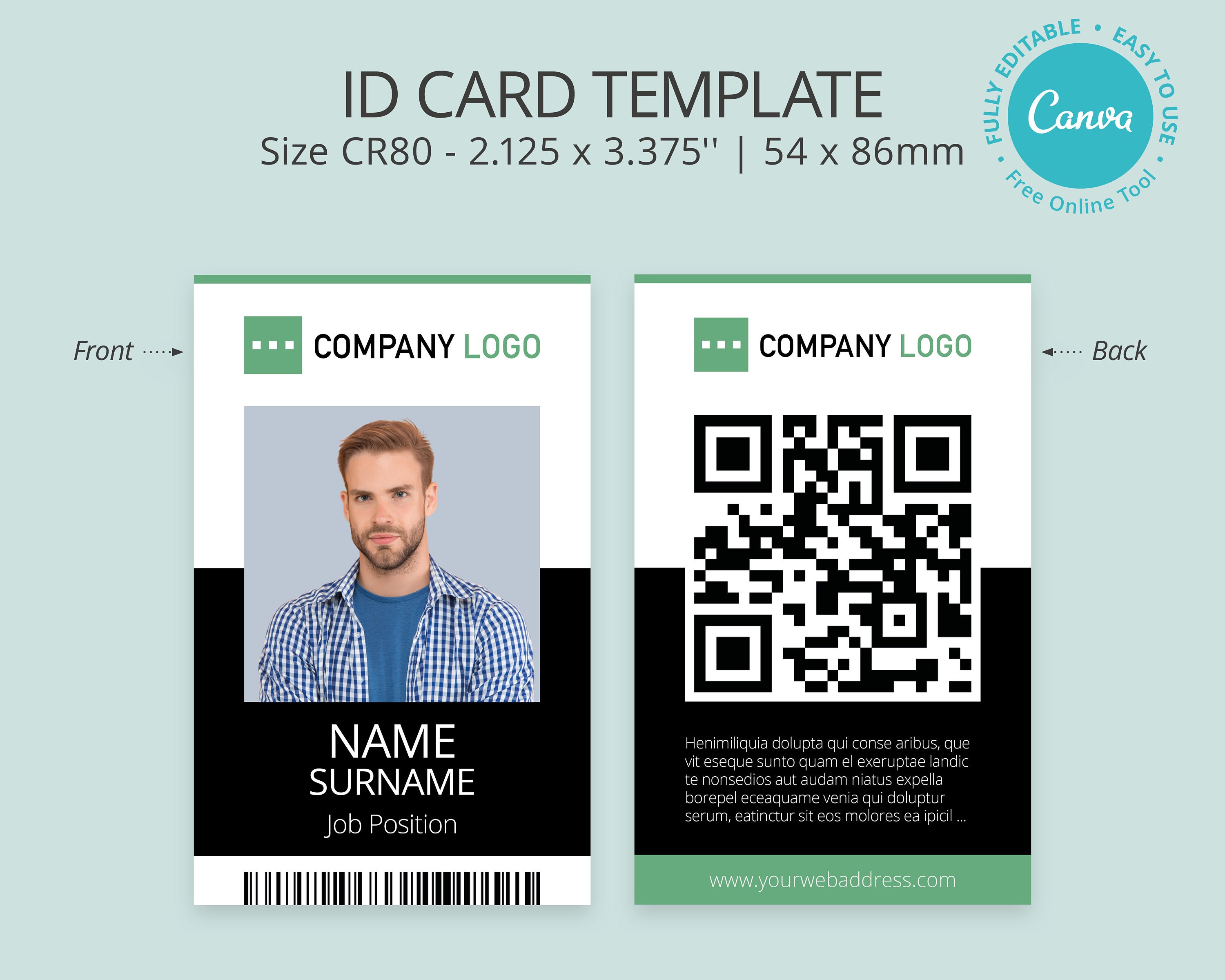Editable Photo ID Card Template, Printable ID Badge, Canva Template