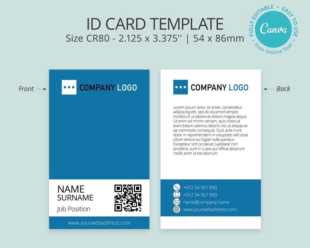 Editable ID Card Template, Printable ID Badge, Canva Template