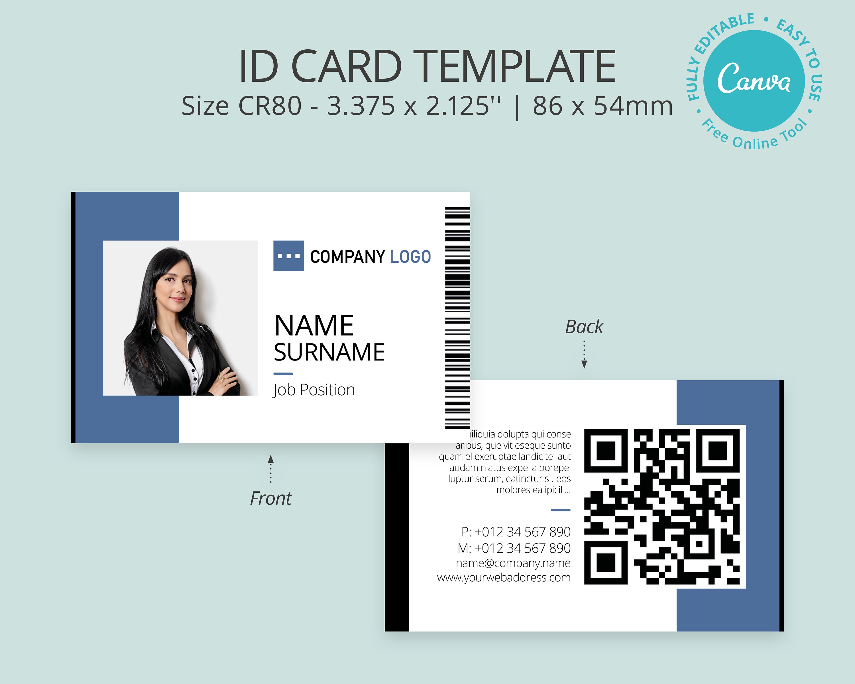 Editable Photo ID Card Template Printable ID Badge Canva Etsy