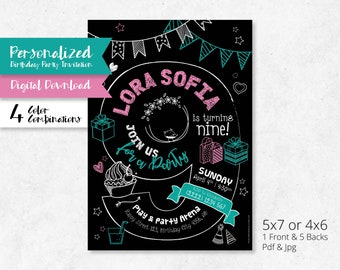 Personalised 9th Birthday Invitation, Kids Birthday Invite, Chalkboard Hand Drawn Style, 9 Years Party Invite, Printable Digital, Black