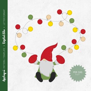 May include: A green and red gnome with a white beard holding a string of lights with red, yellow, and green bulbs. The lights are in the shape of a circle around the gnome. The gnome is sitting on a white background. PDF, SVG 7x7"
