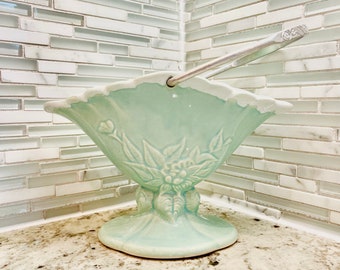 Colonial China Turquoise Basket Vase: Embossed Floral Pottery, Metal Handle