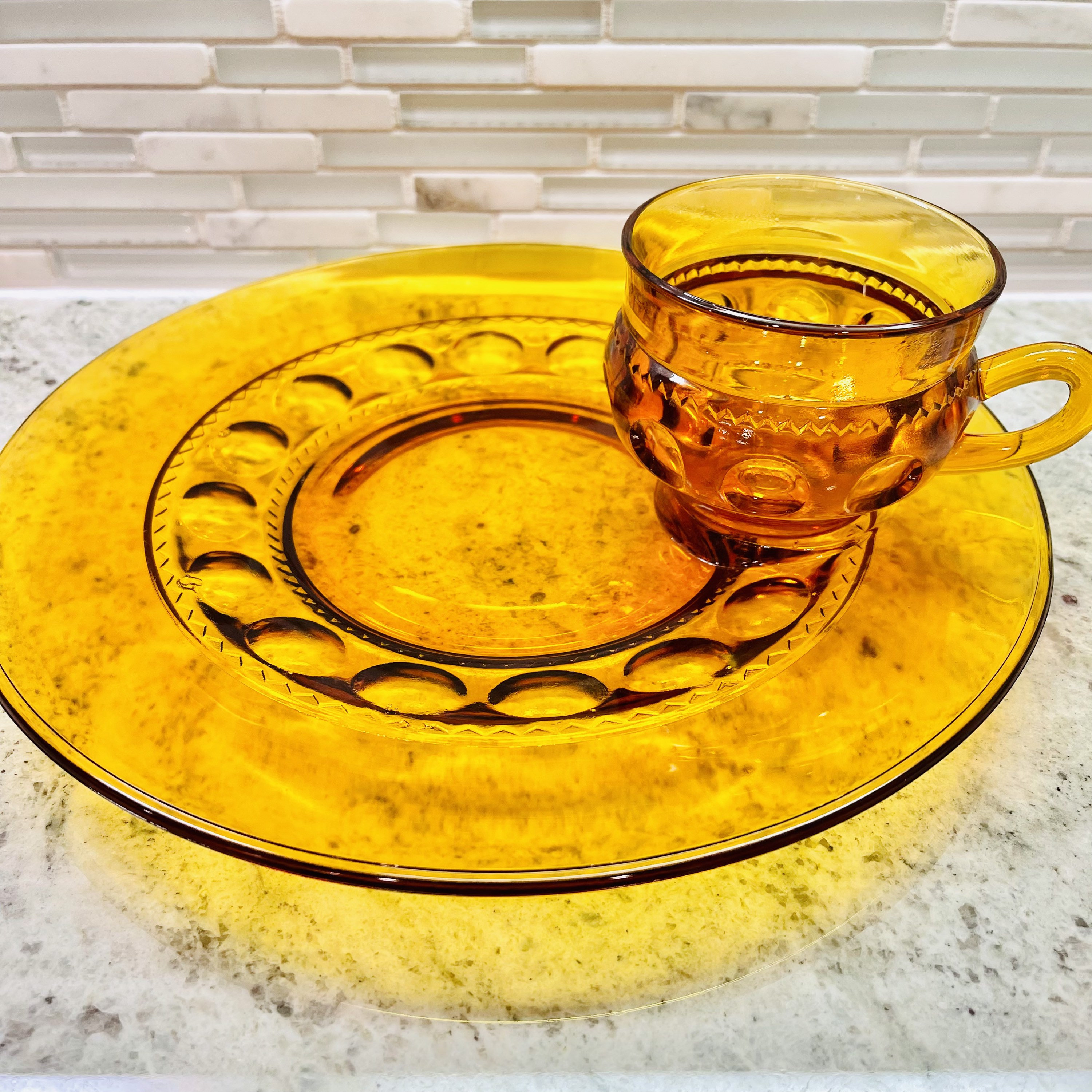 Vintage Indiana Glass Amber Snack Set: Kings Crown Thumbprint