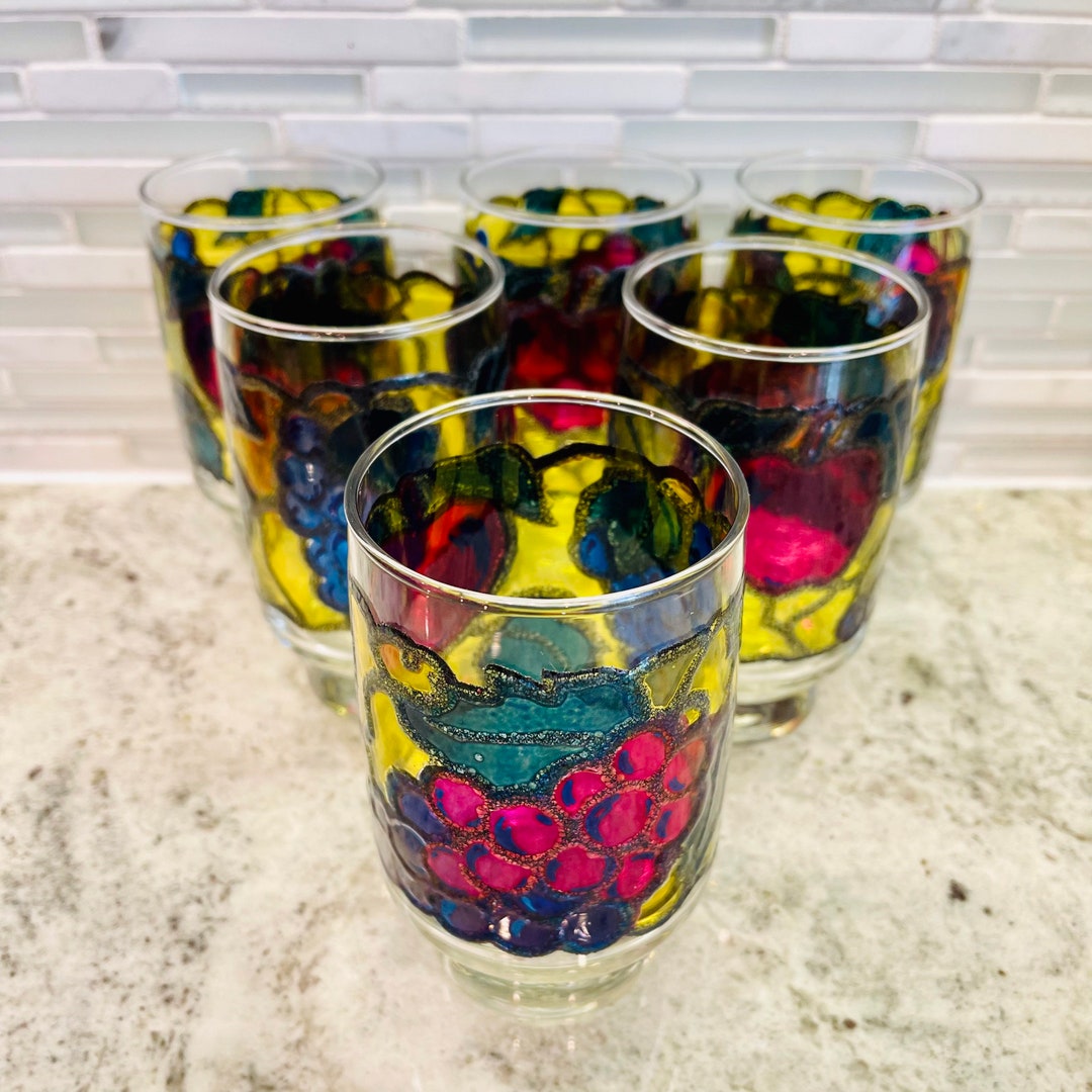 Set of 6 Libbey Stained Glass Drinking Glasses Fruit Pattern Etsy