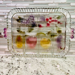 Colorful Indiana Glass Divided Tray | Handled Serving Tray | Embossed Fruit Pattern| 1960s |