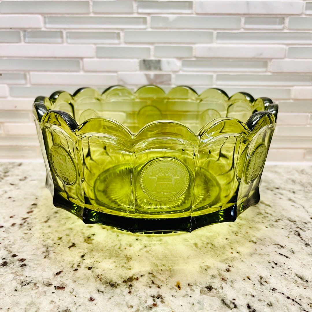 Vintage Fostoria Candy Dish Olive Green Coin Bowl Round Vintage Bowl
