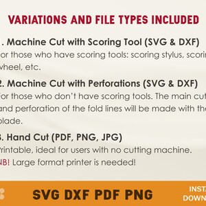 Puede incluir: Gr&aacute;fico de texto con el t&iacute;tulo "Variaciones y tipos de archivos incluidos" y una lista de tres opciones de corte y tipos de archivos: Corte a m&aacute;quina con herramienta de puntuaci&oacute;n (SVG y DXF), Corte a m&aacute;quina con perforaciones (SVG y DXF) y Corte a mano (PDF, PNG, JPG). El texto tambi&eacute;n incluye una nota que indica que se necesita una impresora de gran formato para la opci&oacute;n de corte a mano. El gr&aacute;fico tambi&eacute;n incluye el texto "SVG DXF PDF PNG" y "DESCARGA INSTANT&Aacute;NEA".