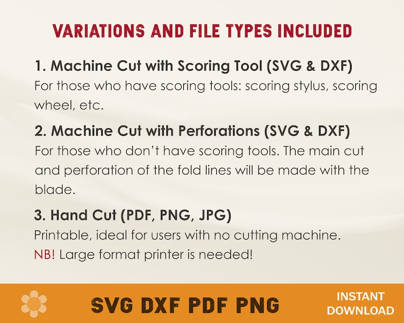 Puede incluir: Gr&aacute;fico de texto con el t&iacute;tulo "Variaciones y tipos de archivos incluidos" y una lista de tres opciones de corte y tipos de archivos: Corte a m&aacute;quina con herramienta de puntuaci&oacute;n (SVG y DXF), Corte a m&aacute;quina con perforaciones (SVG y DXF) y Corte a mano (PDF, PNG, JPG). El texto tambi&eacute;n incluye una nota que indica que se necesita una impresora de gran formato para la opci&oacute;n de corte a mano. El gr&aacute;fico tambi&eacute;n incluye el texto "SVG DXF PDF PNG" y "DESCARGA INSTANT&Aacute;NEA".