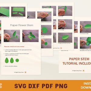 May include: Paper flower stem craft tutorial with instructions on how to make a paper flower stem. The tutorial includes a list of materials and tools needed, such as green paper, scissors, and white craft glue. The tutorial also includes step-by-step instructions with photos.