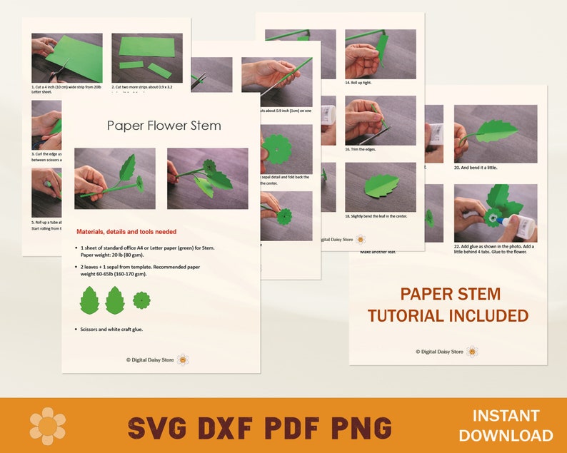 May include: Paper flower stem craft tutorial with instructions on how to make a paper flower stem. The tutorial includes a list of materials and tools needed, such as green paper, scissors, and white craft glue. The tutorial also includes step-by-step instructions with photos.