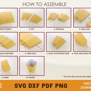 Puede incluir: Una gu&iacute;a paso a paso sobre c&oacute;mo ensamblar una caja de papel amarilla con lunares blancos. Las instrucciones incluyen imprimir, cortar, doblar y pegar el papel para crear la caja. La imagen final muestra la caja terminada.