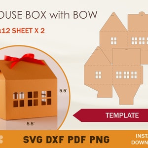 Domek z kokardą SVG Szablon, Pudełko na smakołyki Szablon, Cricut Cut Pliki, Silhouette Cut Pliki, Brother Cut Pliki