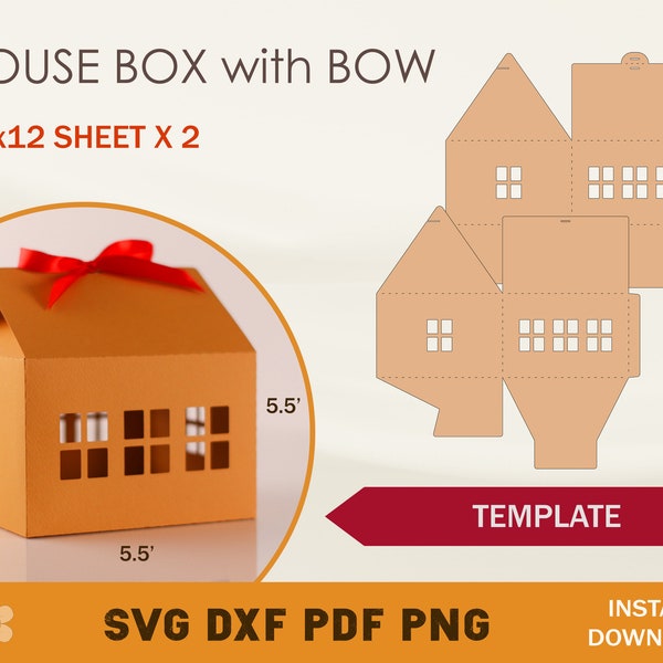 House Box with Bow SVG Template, Treat Box Template, Cricut Cut Files, Silhouette Cut Files, Brother Cut Files