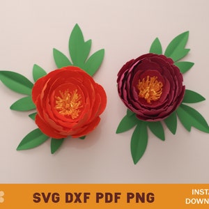 May include: Two paper flowers with green leaves. The flower on the left is orange and the flower on the right is purple.