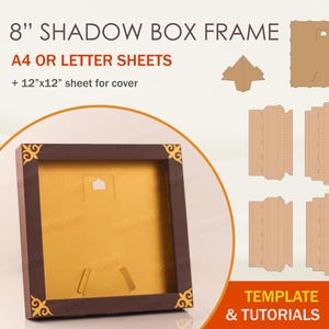 May include: A brown 20.3 cm shadow box frame with gold corner accents and a gold interior. The image includes the text "8" SHADOW BOX FRAME", "A4 OR LETTER SHEETS", and "+ 30.5cm x 30.5cm sheet for cover". Also shown are SVG, DXF, and PDF file formats.