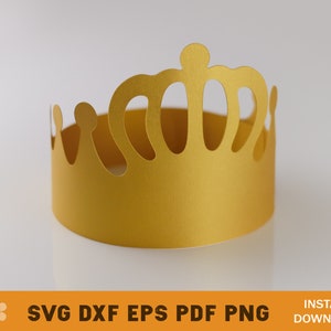 May include: A gold paper crown with a cutout design. The crown is shaped like a traditional royal crown with points and arches.