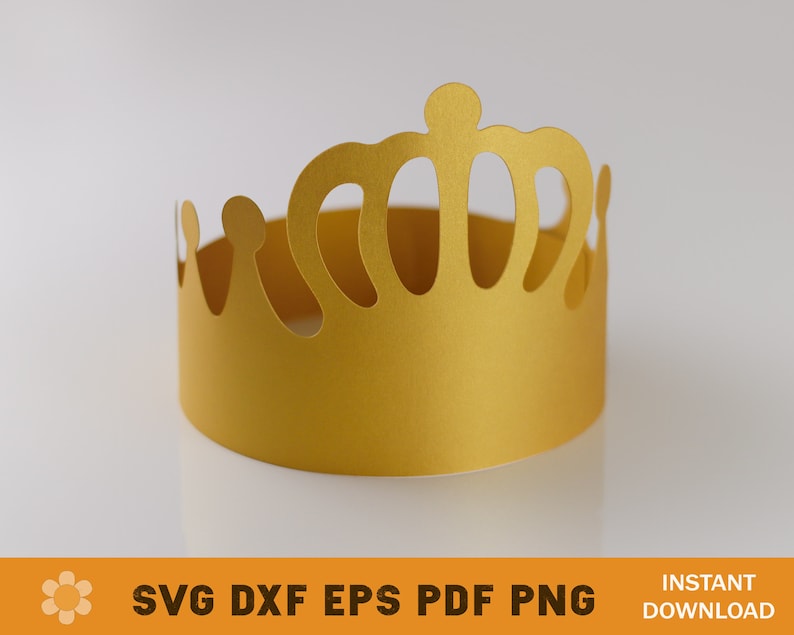 May include: A gold paper crown with a cutout design. The crown is shaped like a traditional royal crown with points and arches.