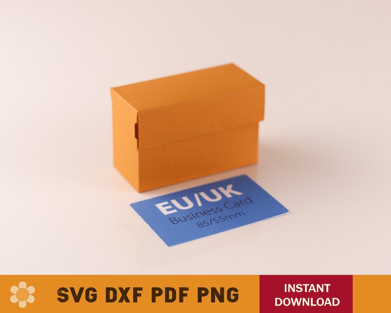 May include: Orange cardboard box for business cards. The box is 85mm by 55mm and is labeled "EU/UK Business Card 85/55mm".