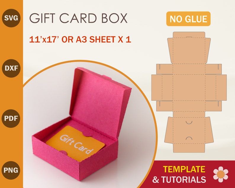 Puede incluir: Una caja de regalo rosa para tarjeta de regalo con una tarjeta de regalo amarilla en el interior. La caja est&aacute; hecha de una sola hoja de papel y no requiere pegamento para ensamblar. La imagen tambi&eacute;n muestra una plantilla para la caja, que est&aacute; disponible en los formatos SVG, DXF, PDF y PNG.