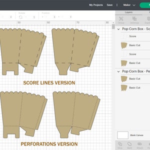 Puede incluir: Una plantilla de dise&ntilde;o digital para una caja de palomitas de ma&iacute;z con dos versiones: una con l&iacute;neas de puntuaci&oacute;n y otra con perforaciones. El dise&ntilde;o se muestra sobre un fondo cuadriculado.