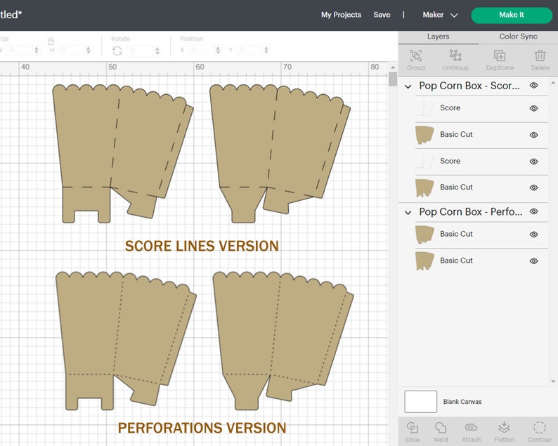 Puede incluir: Una plantilla de dise&ntilde;o digital para una caja de palomitas de ma&iacute;z con dos versiones: una con l&iacute;neas de puntuaci&oacute;n y otra con perforaciones. El dise&ntilde;o se muestra sobre un fondo cuadriculado.