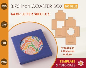 May include: A digital template for a 3.75 inch coaster box. The template is available in four thickness options and can be printed on A4 or letter size paper. The template is for a box with a round opening for a coaster. The image shows a blue box with a colorful coaster inside.