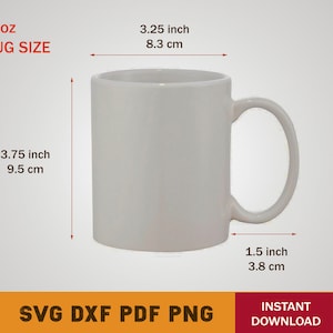 May include: White ceramic mug with a handle. The mug is 11 ounces and measures 3.75 inches tall, 3.25 inches wide, and 1.5 inches deep.