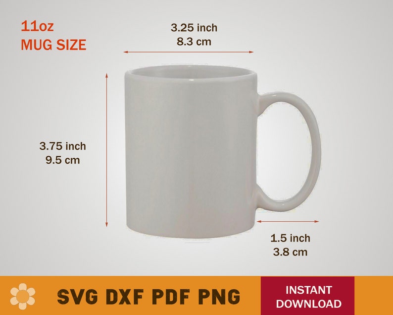 May include: White ceramic mug with a handle. The mug is 11 ounces and measures 3.75 inches tall, 3.25 inches wide, and 1.5 inches deep.