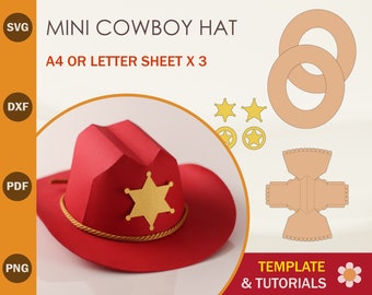 Cowboyhoed SVG-sjabloon: mini Western Paper Hat, sheriff-badge, Cricut, silhouetsnijbestanden