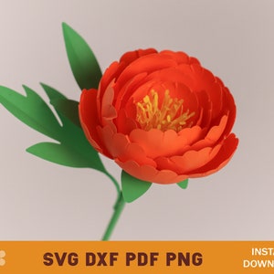 May include: A single orange paper flower with green leaves. The flower is made of multiple layers of paper and has a yellow center.