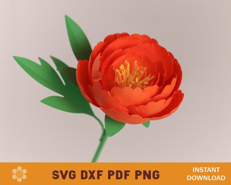 May include: A single orange paper flower with green leaves. The flower is made of multiple layers of paper and has a yellow center.