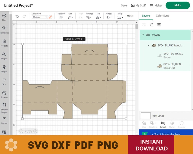 May include: A digital design for a box with a brown background and black lines. The design is for a box that folds up to create a stand-up box. The design is labeled "SVG - EU_UK Stand-up Box", "SVG - EU_UK Score", and "SVG - EU_UK Score Basic Cut".