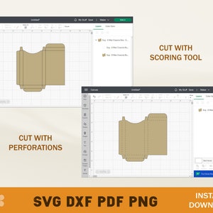 Peut inclure: Une conception num&eacute;rique d'une bo&icirc;te avec des lignes de pliage. La conception est pr&eacute;sent&eacute;e en deux vues diff&eacute;rentes, l'une avec des lignes de coupe et l'autre avec des lignes de perforation. Le texte "CUT WITH PERFORATIONS" et "CUT WITH SCORING TOOL" est affich&eacute; sous chaque vue. Le texte "SVG DXF PDF PNG" est affich&eacute; en bas de l'image. Le texte "INSTANT DOWNLOAD" est affich&eacute; dans le coin inf&eacute;rieur droit de l'image.