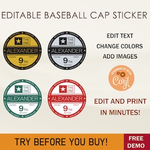 Modello modificabile per adesivo berretto da baseball, etichetta per scatola bomboniera, modello modificabile, modello stampabile, PDF, PNG, JPG, modifica con Corjl