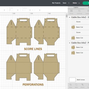 May include: Diagram showing how to fold a gable box with a handle. The diagram shows score lines and perforations for folding and cutting the box. The text "SCORE LINES" and "PERFORATIONS" is included in the diagram.