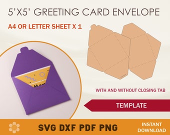 Greeting Card Envelope SVG Template, 5x5 Greeting Card Envelope, Cricut Cut Files, Silhouette Cut Files