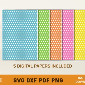 Puede incluir: Cinco papeles digitales con patrones de lunares en azul, verde, naranja, rosa y amarillo.