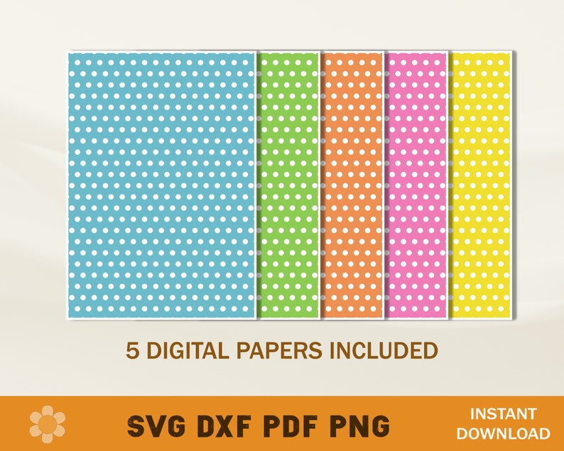 Puede incluir: Cinco papeles digitales con patrones de lunares en azul, verde, naranja, rosa y amarillo.